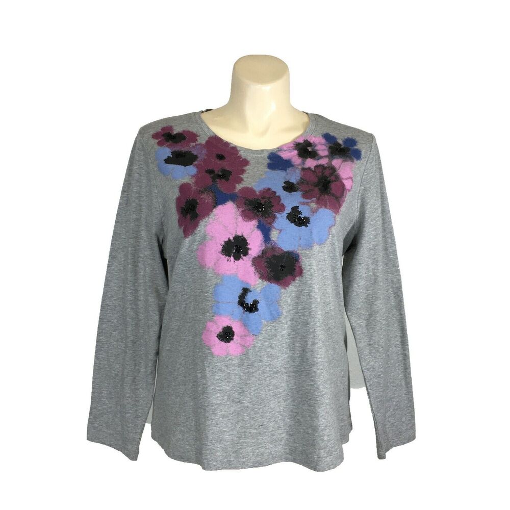 NEW Kate Hill Women 2X Top Heather Gray Blue Purple Floral Black Sequin T Shirt